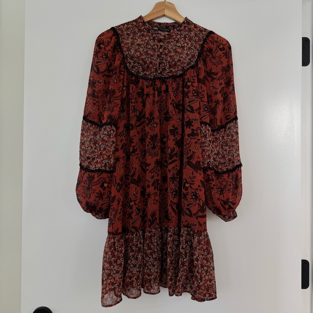 Zara Red Floral Long Sleeve Dress